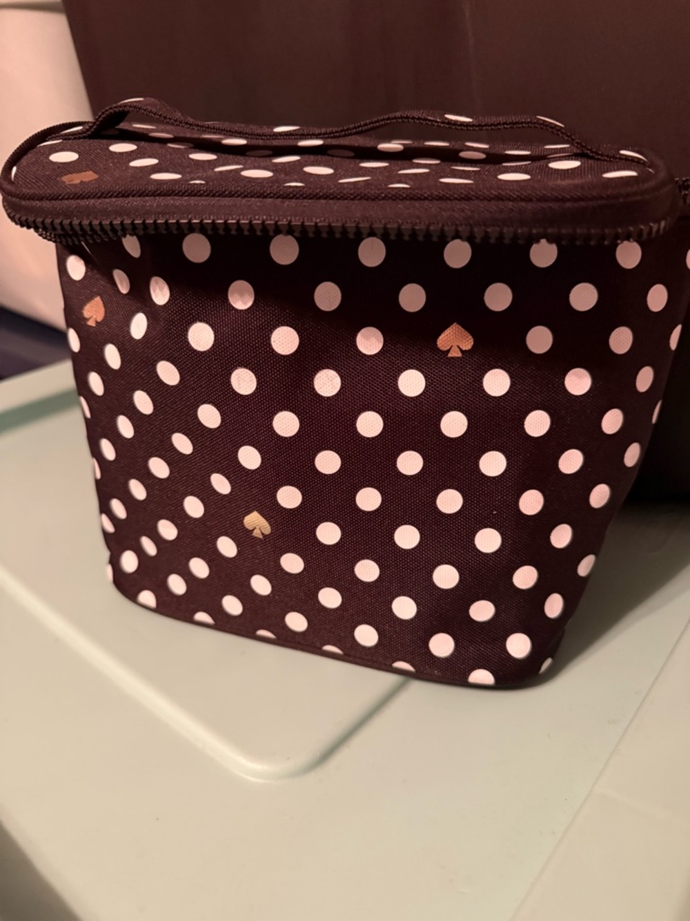kate spade black Polka Dot lunch bag with Gold Spade Accents